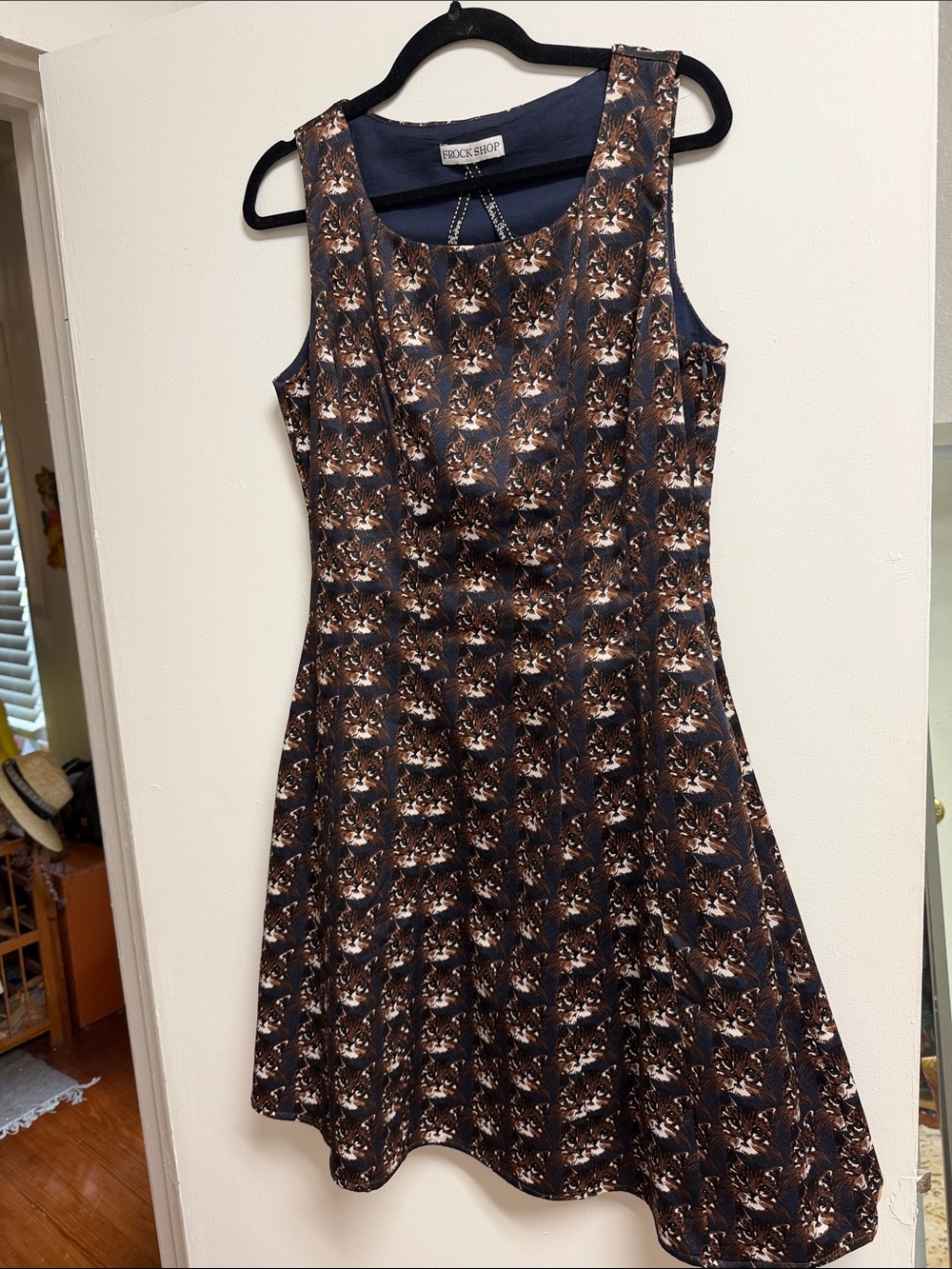 Frock Shop Navy Brown Kitty Cat Print Fit & Flare Sleeveless Mini Dress Medium